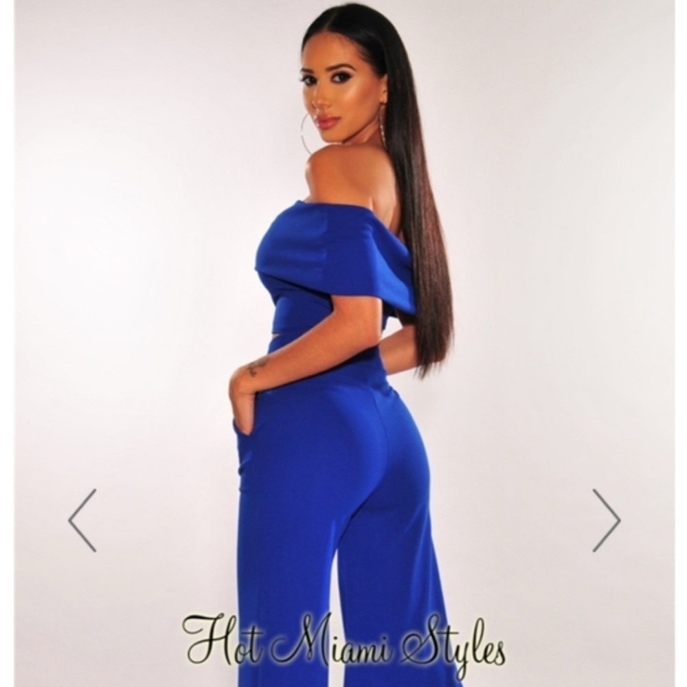 Hot Miami Styles Royal Blue Off-Shoulder top and pants - Picture 2 of 4